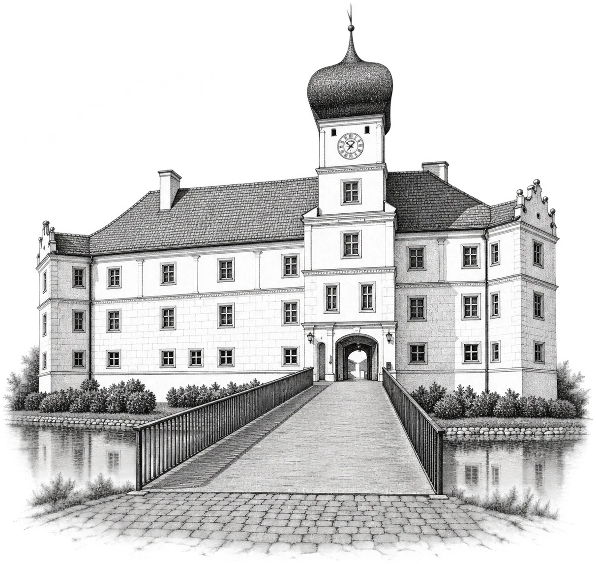 Pen-and-ink drawing of a moated castle with an onion-domed clock tower.